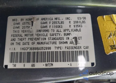 2008 Honda Accord 3.5 Ex-L from USA, damaged, VIN 1HGCP36898A052998